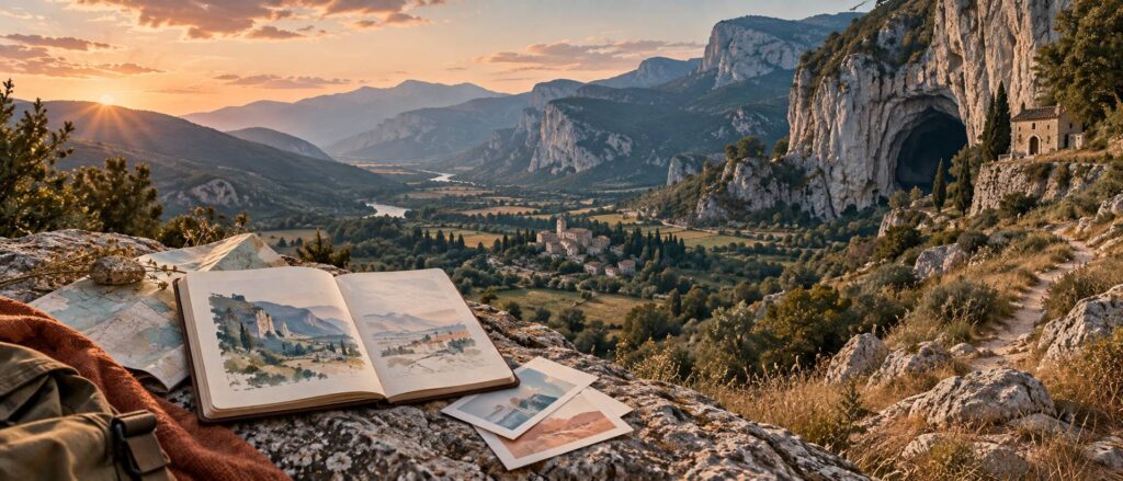 Illustration éditoriale du sujet : Genga da scoprire: un viaggio tra grotte misteriose, eremi nascosti e vallate incantate nel cuore delle Marche