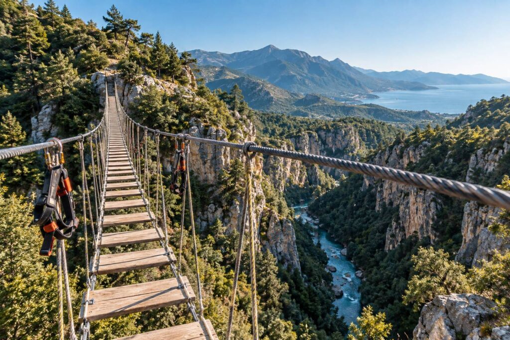 Passerelle suspendue en cordes au-dessus d'une gorge boisee en montagne