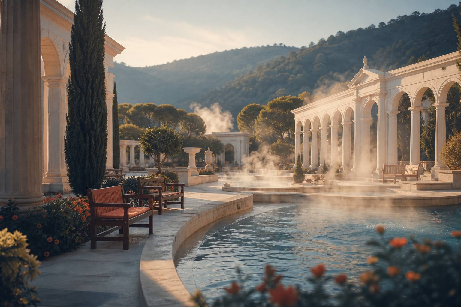 Parc thermal élégant avec bassin d'eau chaude et colonnade de pierre