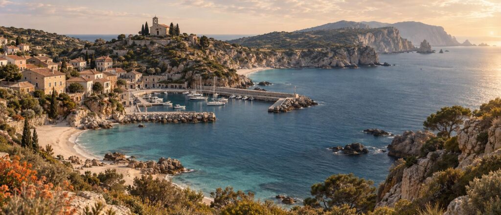 Illustration éditoriale du sujet : Santa Maria Navarrese: il gioiello colorato della Sardegna che incanta i sensi