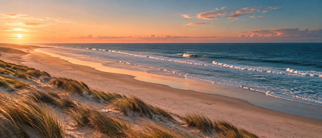 Longue plage atlantique déserte avec dunes et écume sous une lumière de fin de journée