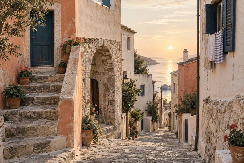 Ruelle étroite d'un village côtier avec escalier de pierre et géraniums