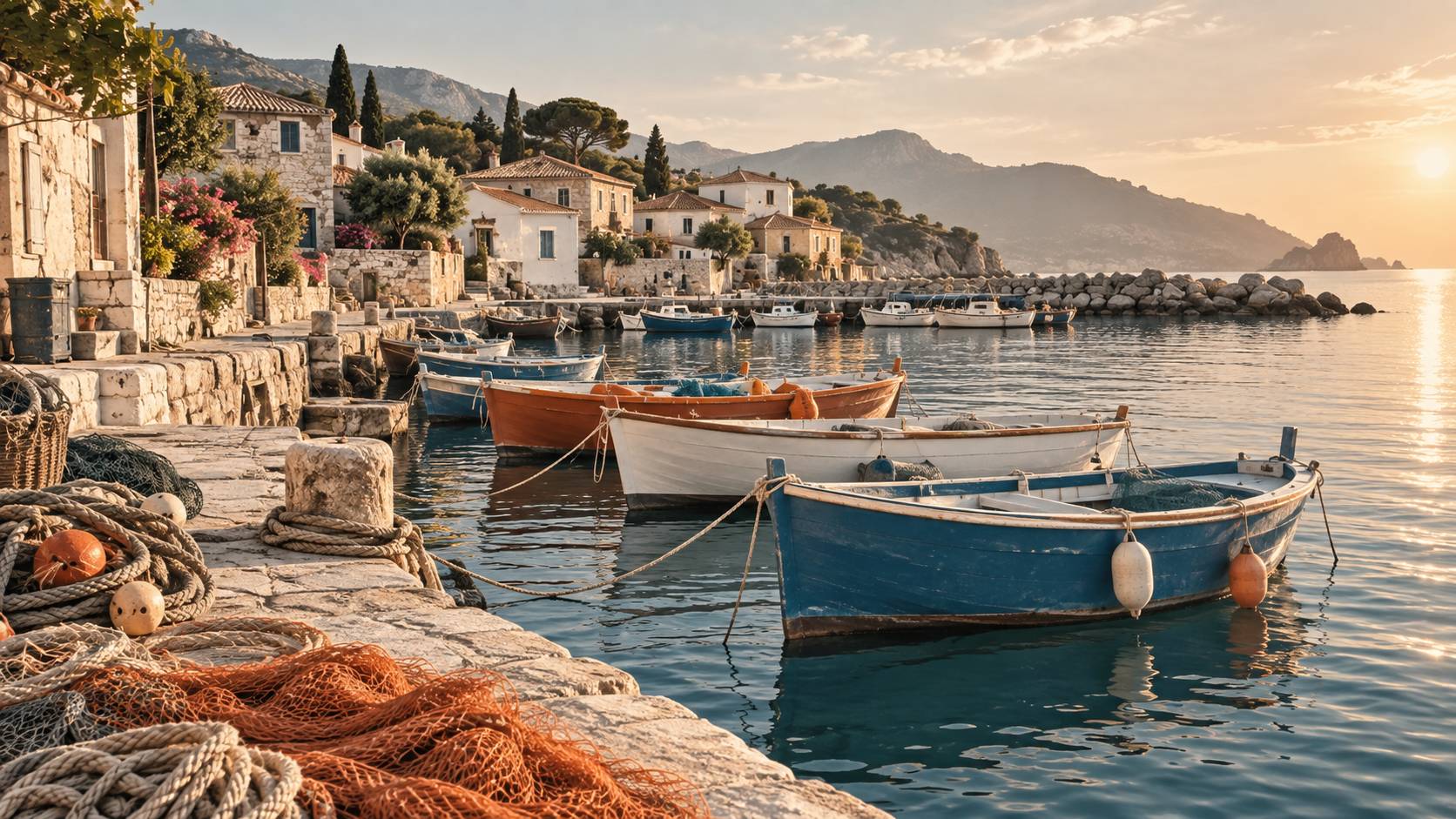 Petit port de pêche avec barques colorées et filets sur le quai