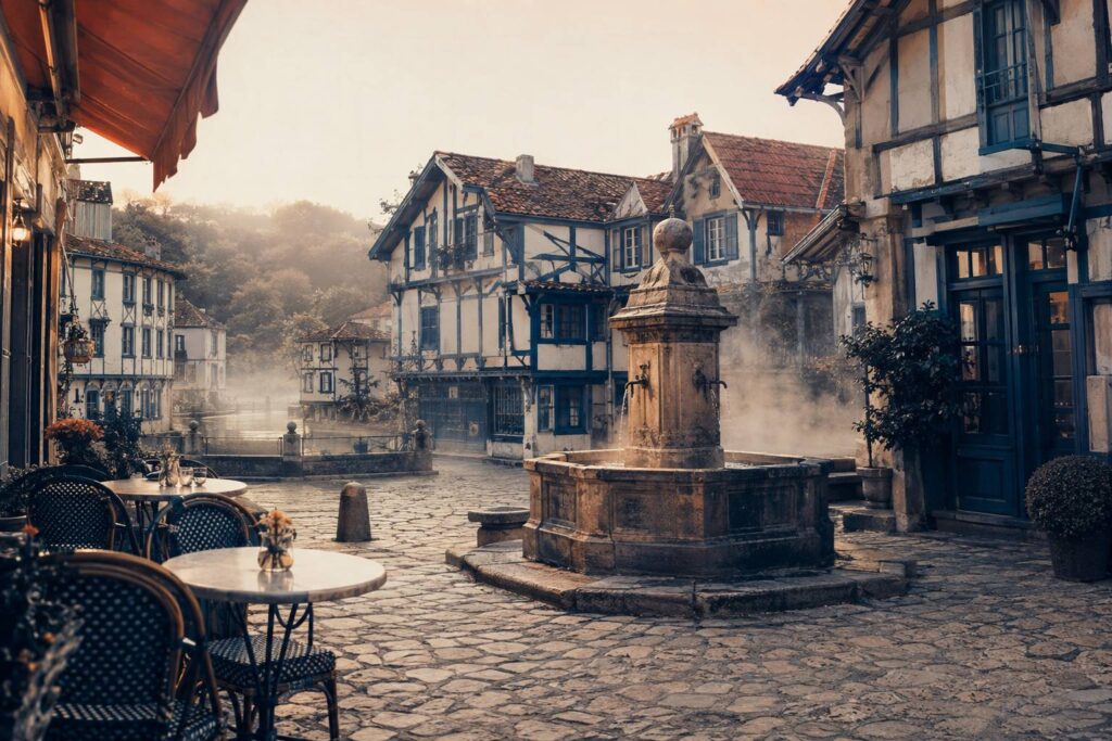 Place de ville thermale européenne aux façades anciennes avec fontaine en pierre