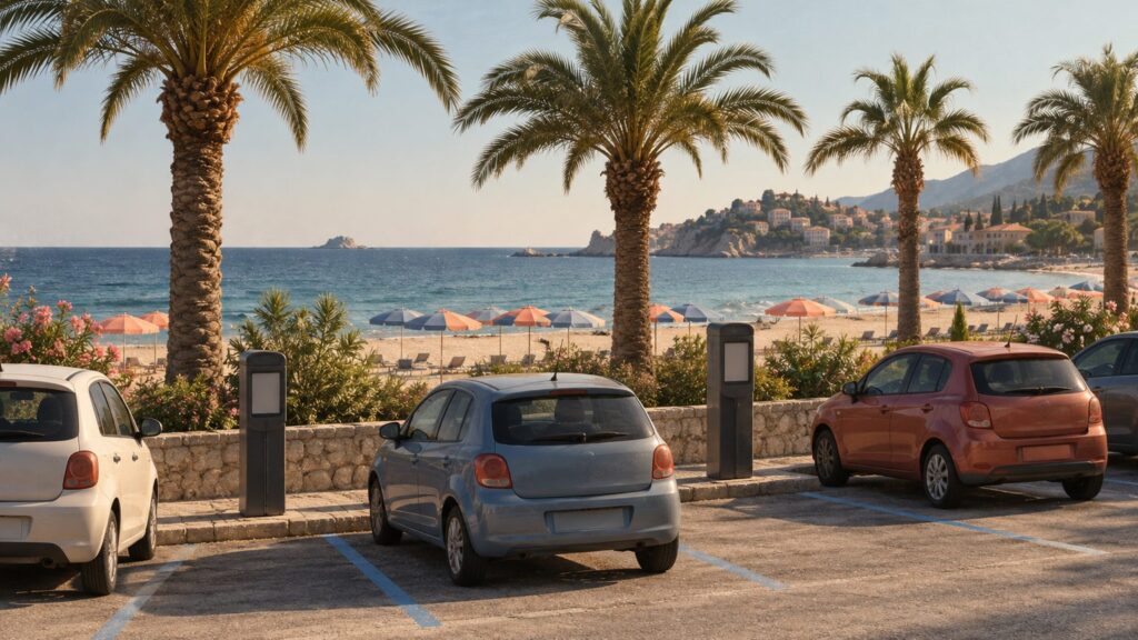 Parcheggio sul lungomare con strisce blu, parchimetri e auto in sosta davanti alla spiaggia con ombrelloni